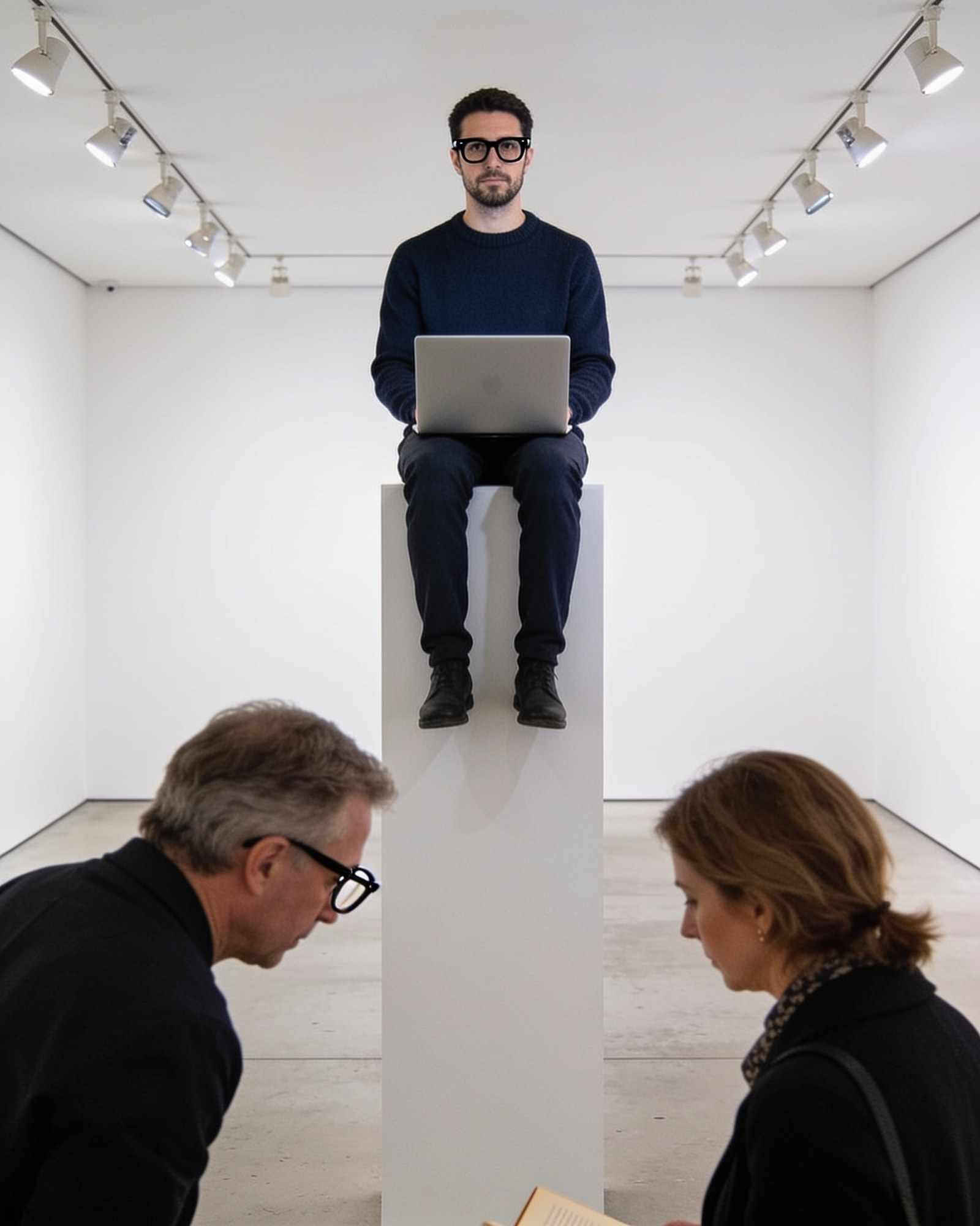 Leo, a man with short dark hair, a beard and glasses, sits perfectly still on top of a tall white plinth with a laptop on his knees while two visitors study him closely.