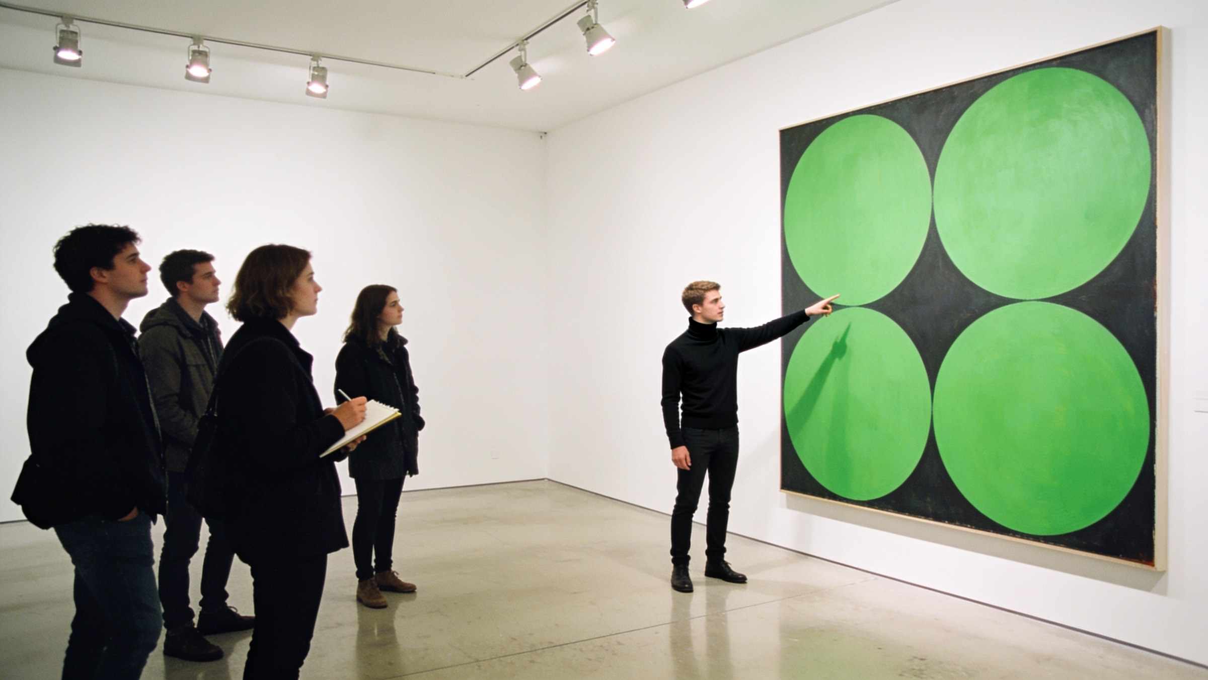 A young guide in a black turtleneck points at the painting of four green circles while visitors take notes.