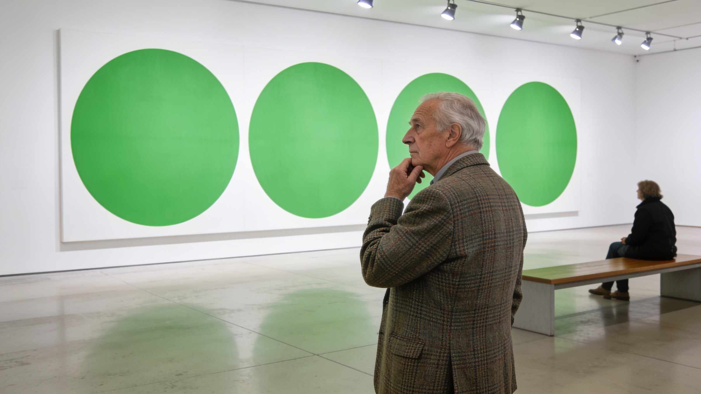 An enormous painting of four bright green circles on a white gallery wall, an older critic in a tweed jacket stroking his chin in front of it.