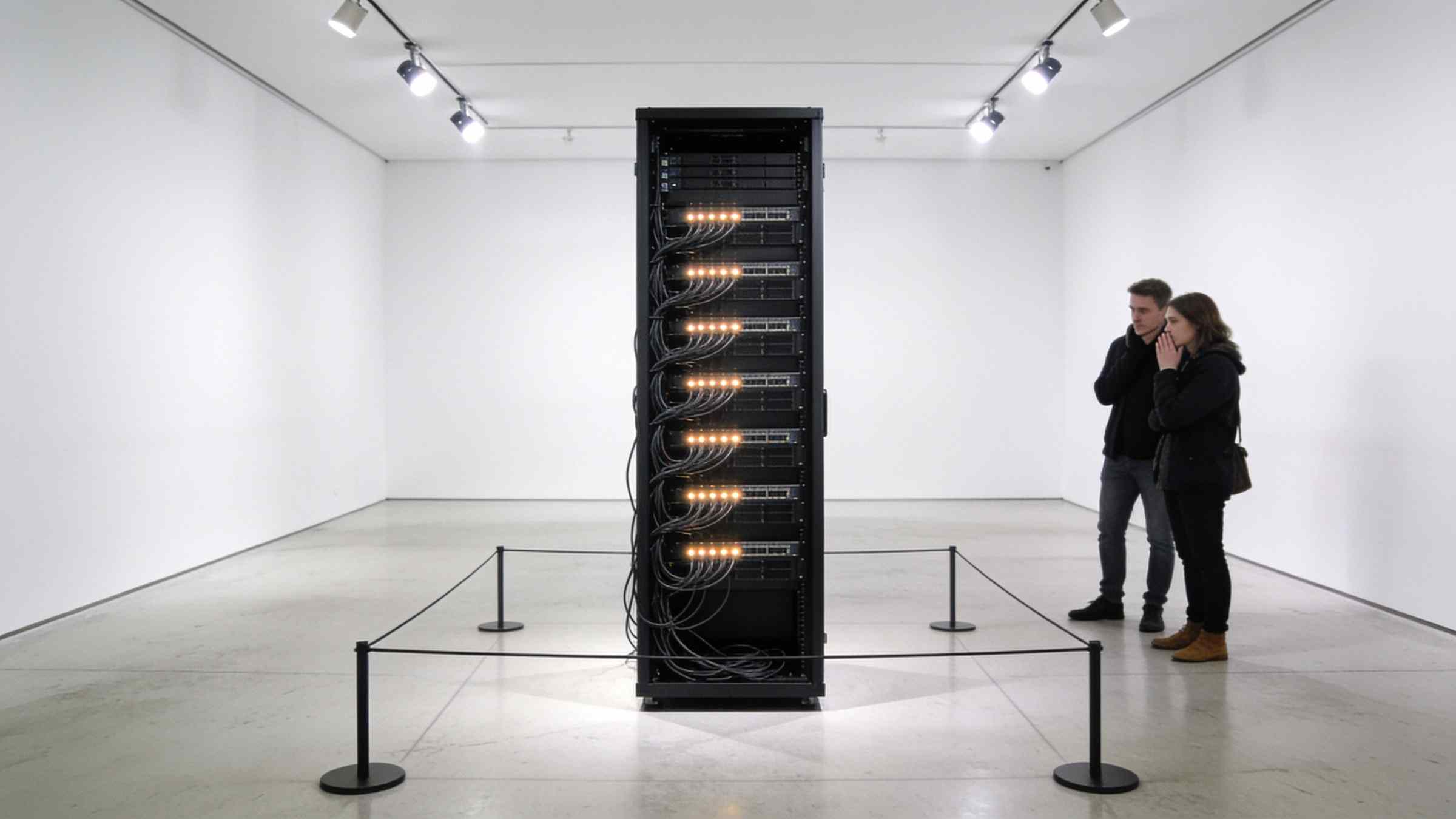 A black server rack displayed alone in the middle of an empty white gallery behind a low rope, two visitors whispering at a respectful distance.