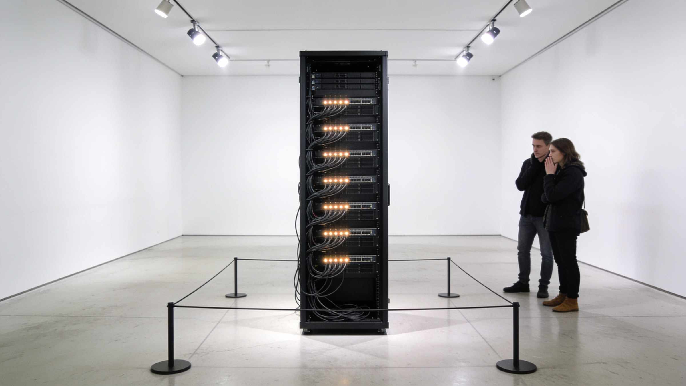 A black server rack displayed alone in the middle of an empty white gallery behind a low rope, two visitors whispering at a respectful distance.