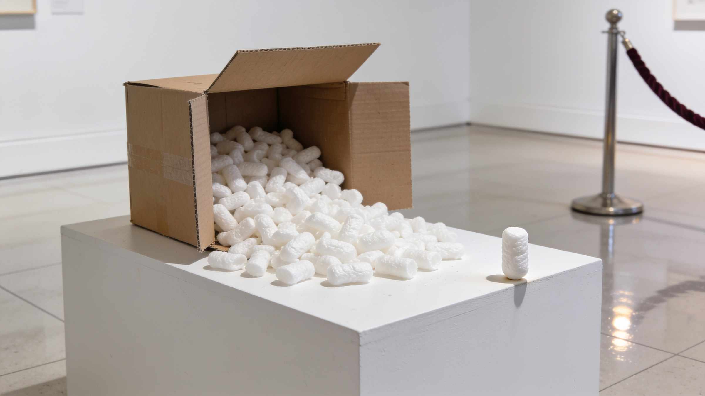 Close-up of white packing peanuts spilling from a cardboard box on a white plinth, one balanced on the edge.