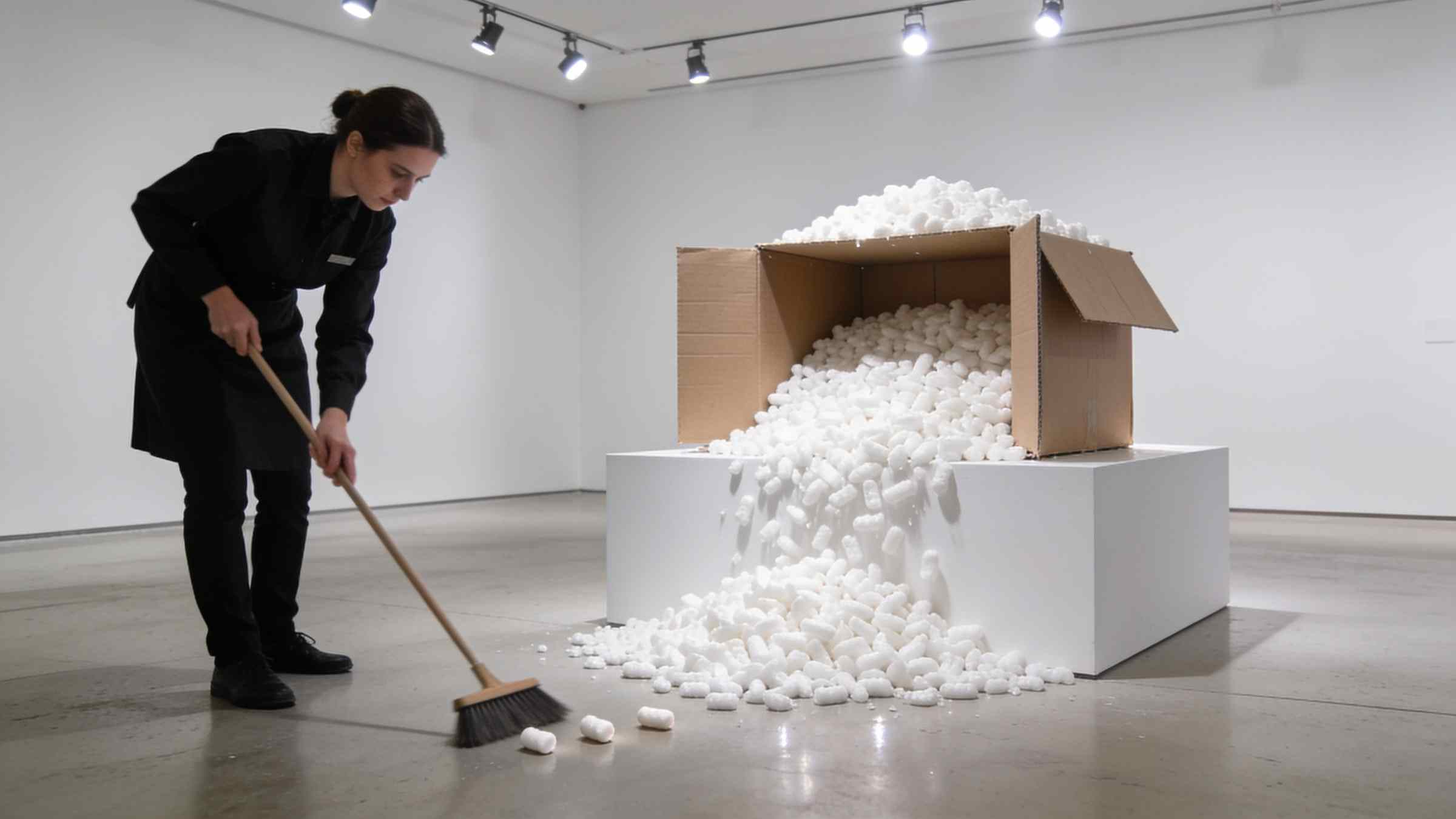 An open cardboard box overflowing with white packing peanuts on a white plinth, a gallery attendant carefully sweeping the spilled peanuts back.
