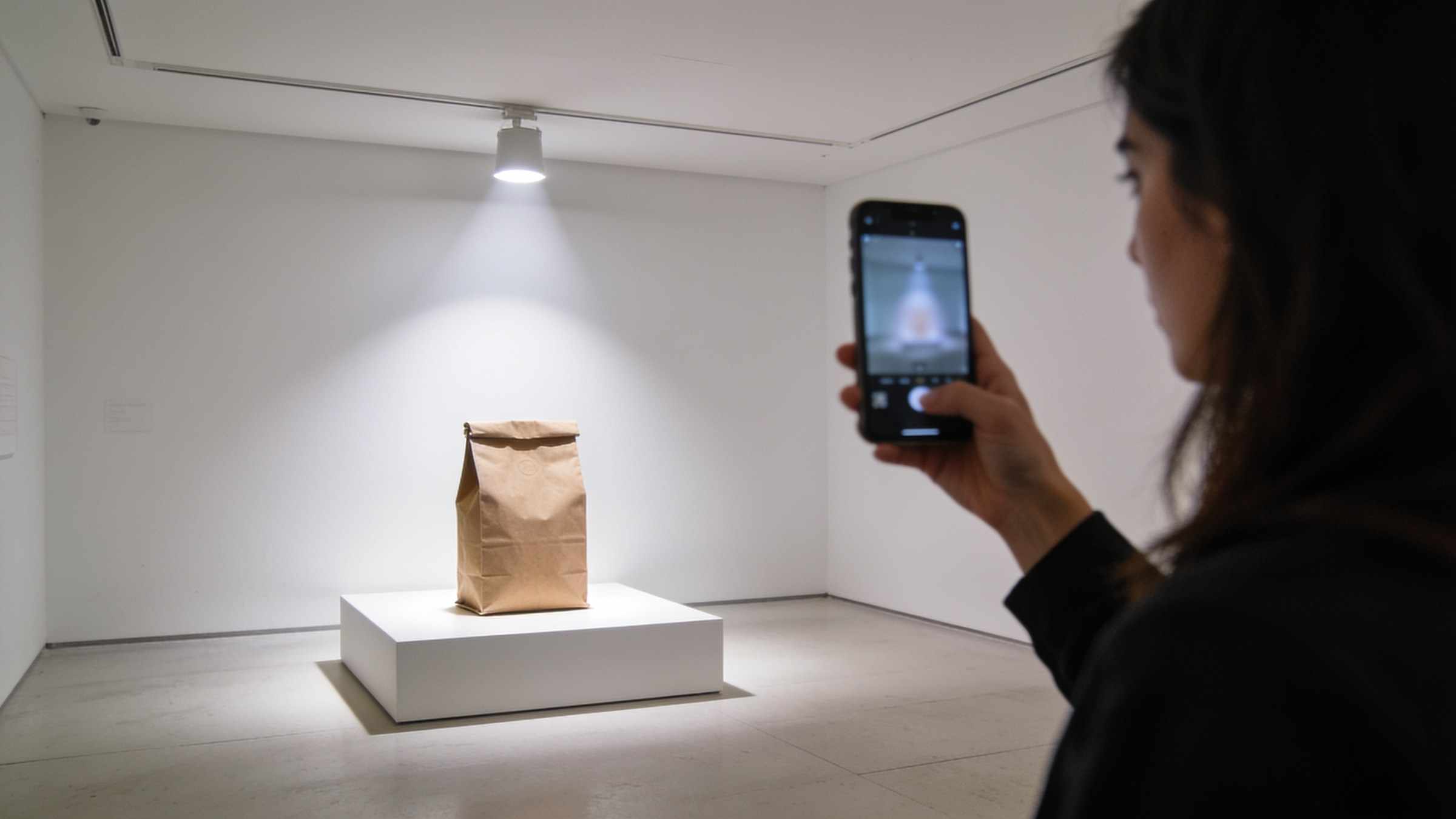 A woman photographs a single paper bag of coffee beans displayed under a spotlight on a white plinth.