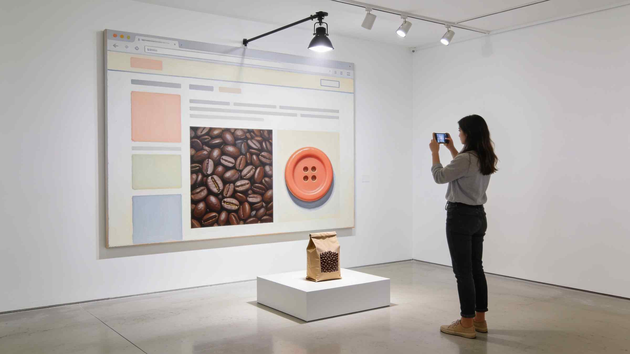 A large canvas of a minimalist shop page with coffee beans and a coral button on a gallery wall, a bag of coffee on a plinth in front of it and a woman photographing the canvas.