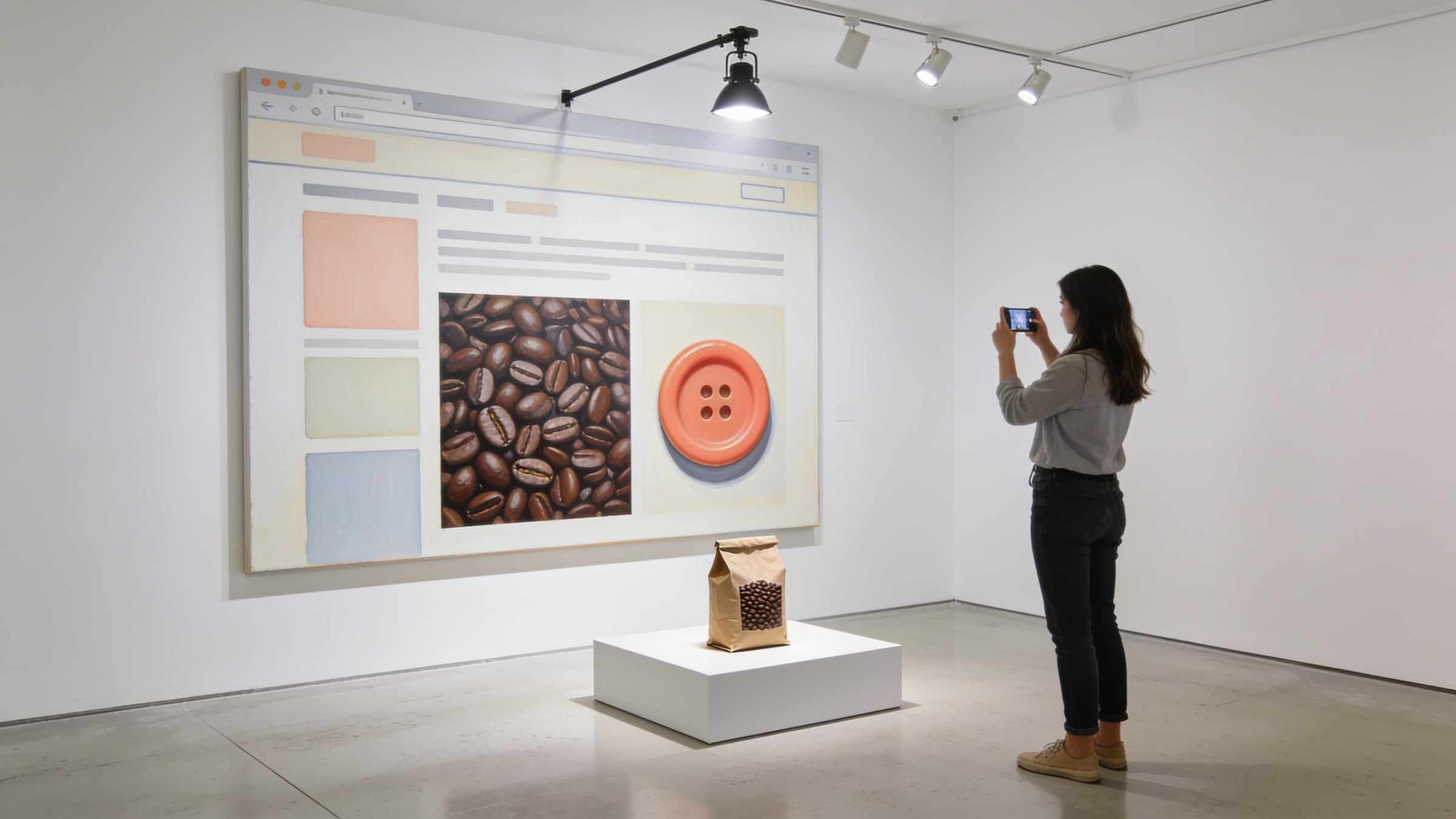 A large canvas of a minimalist shop page with coffee beans and a coral button on a gallery wall, a bag of coffee on a plinth in front of it and a woman photographing the canvas.